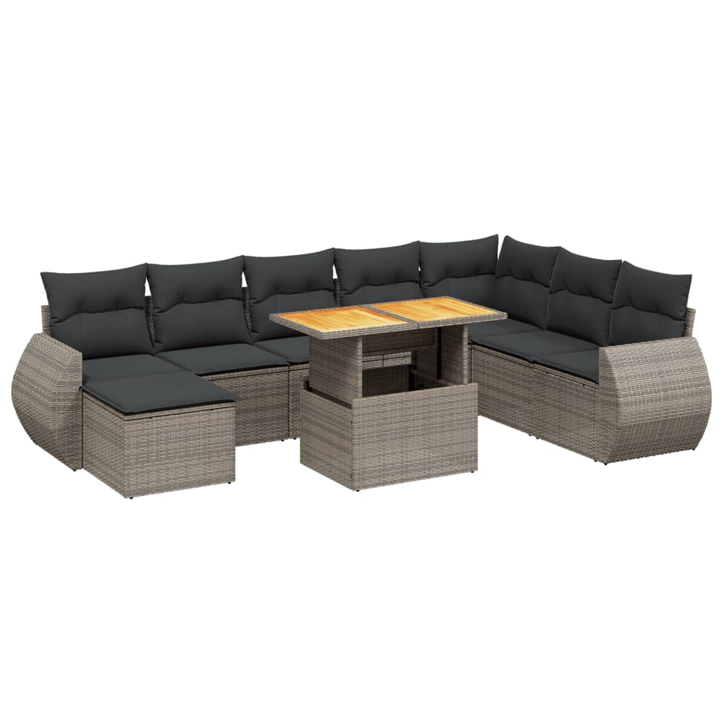 9-tlg. Garten-Sofagarnitur mit Kissen Grau Poly Rattan